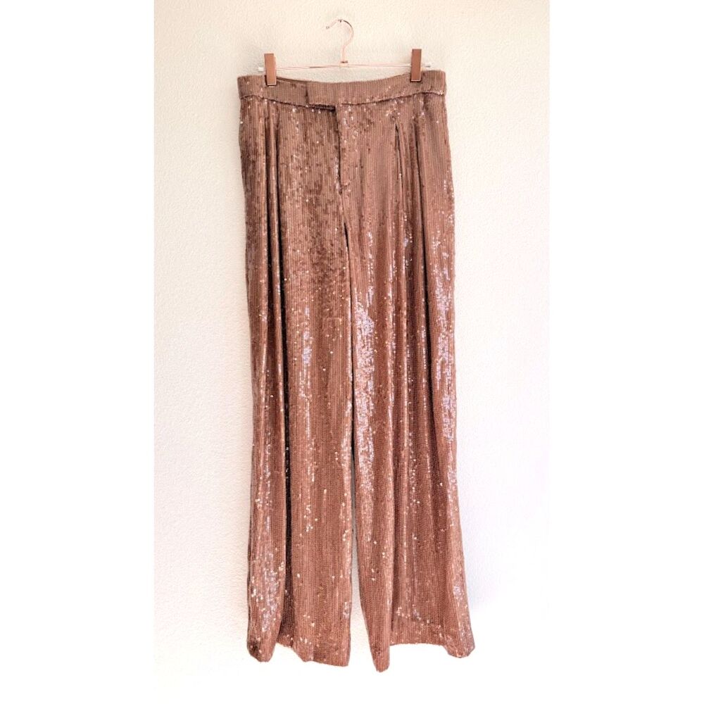 Zara Sequin Wide Leg High Rise Tailored Pants in Brown Sparkle size Small NWOT
